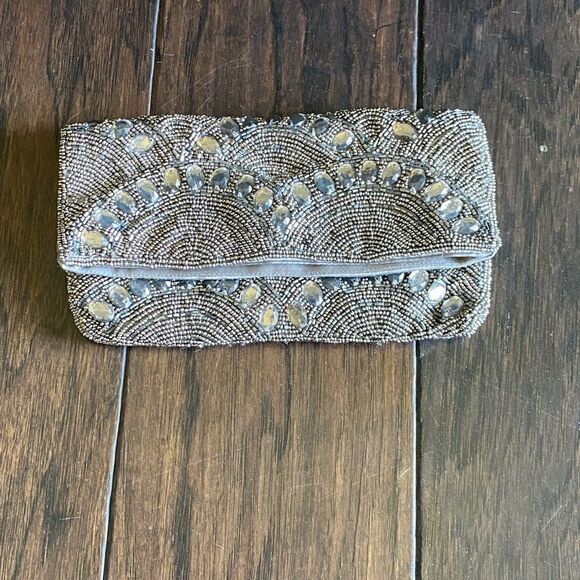 Aldo Handbags - ALDO - Beaded and Jewel Special Occasion Fold Over Wristlet Clutch in Grey